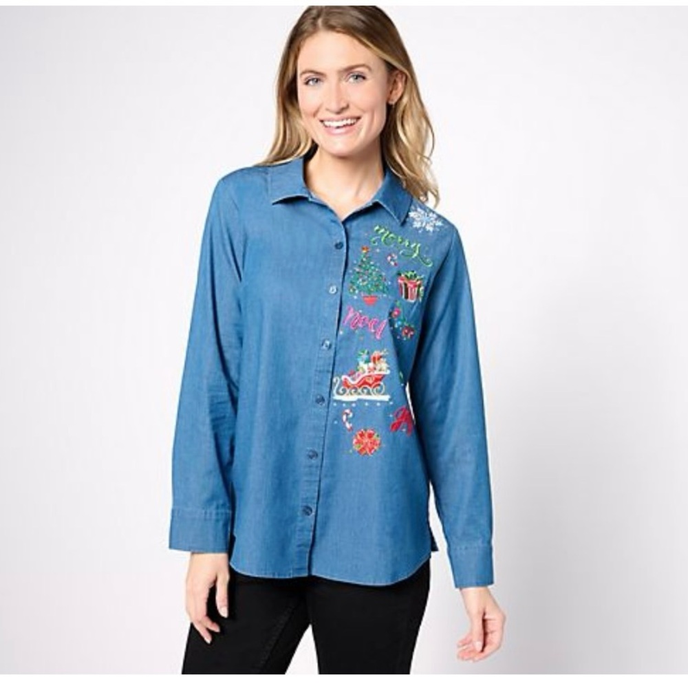 Quacker Factory Yule Side Holiday embroidered denim shirt in medium wash